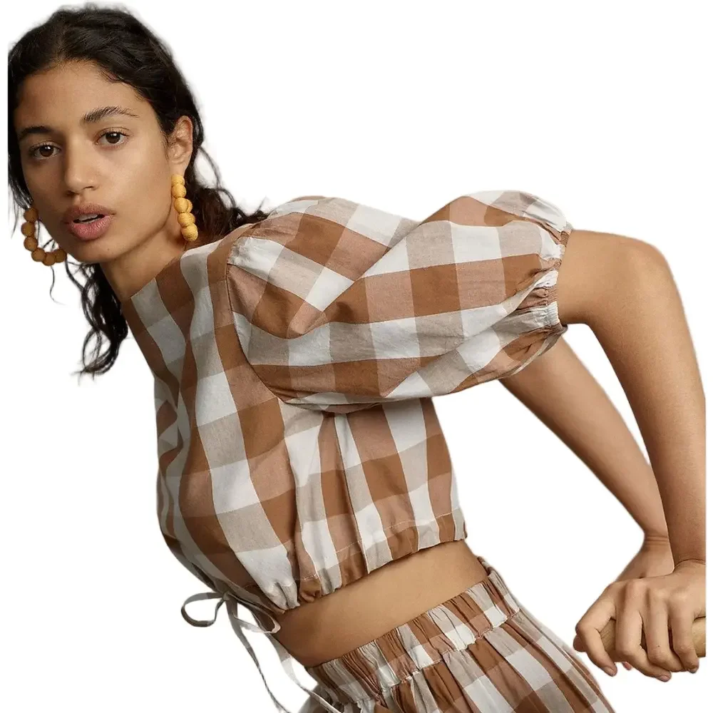 🛼Anthropologie WHIT TWO Gingham Brown and White Checkered Top size S GUC..